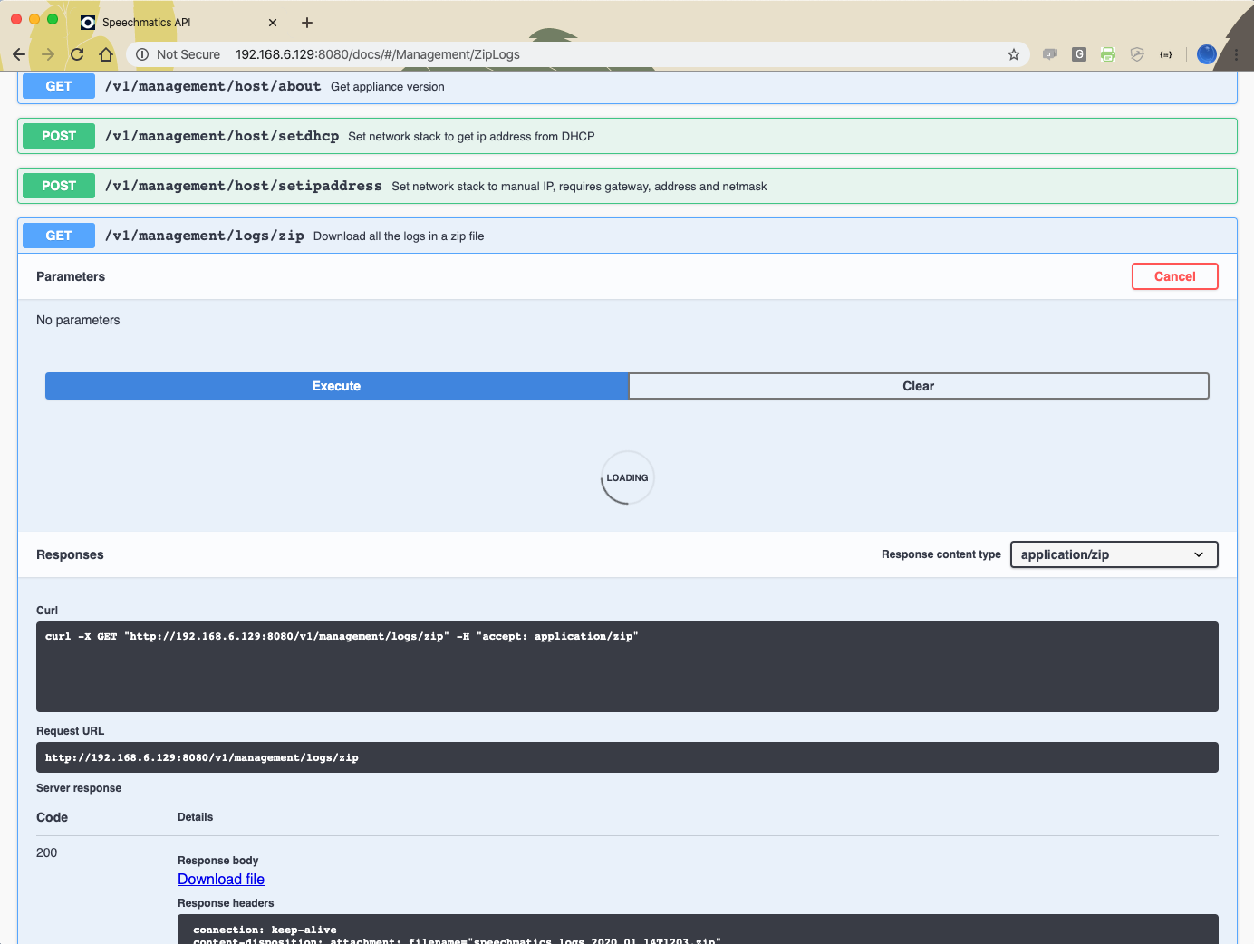 Download log files (ZIP) from Swagger UI